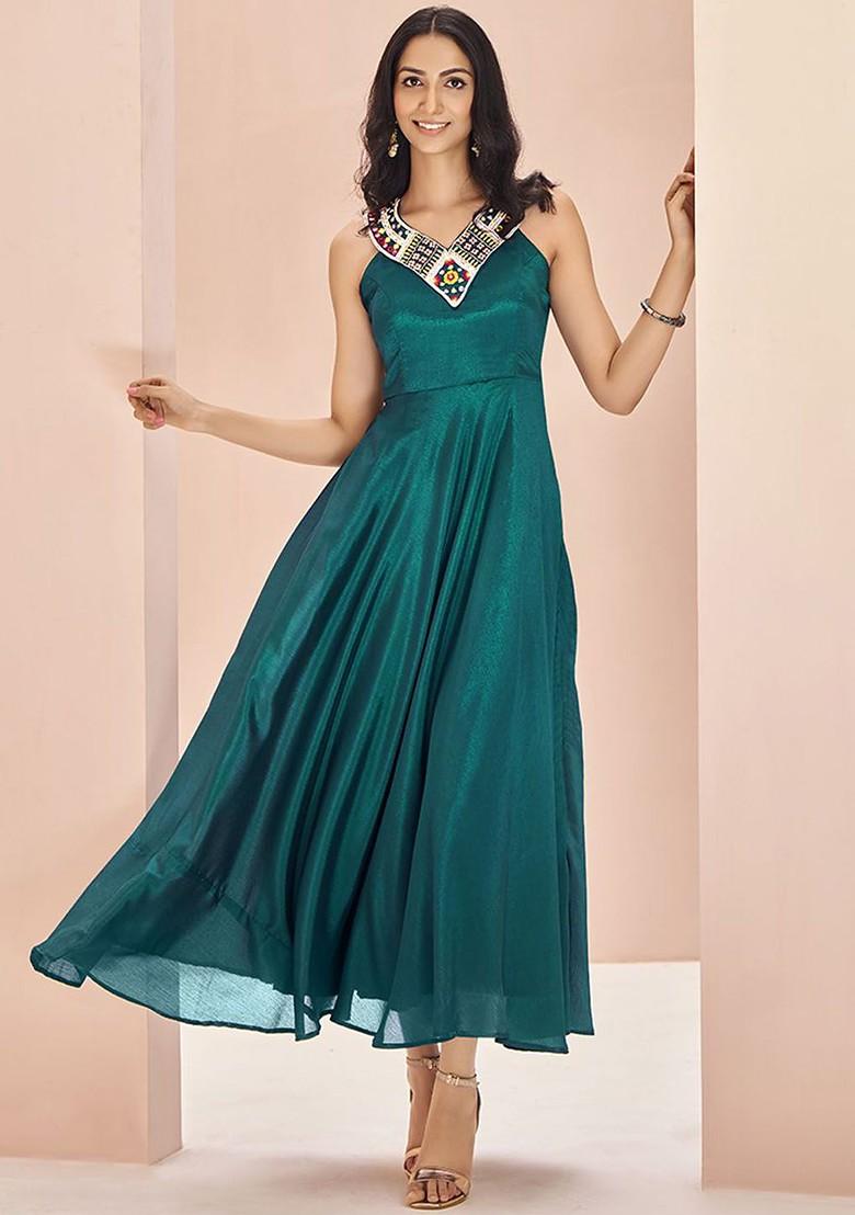 Teal Green Embroidered Poly Blend Dresses