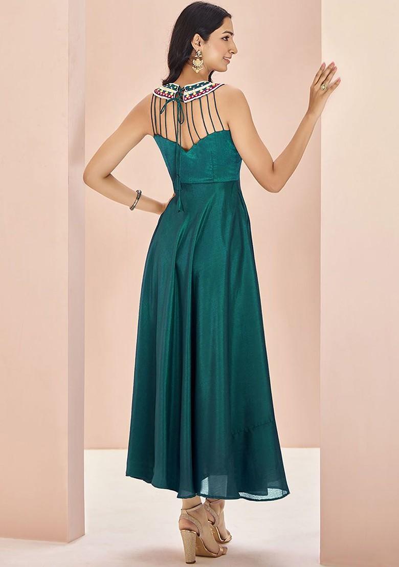 Teal Green Embroidered Poly Blend Dresses