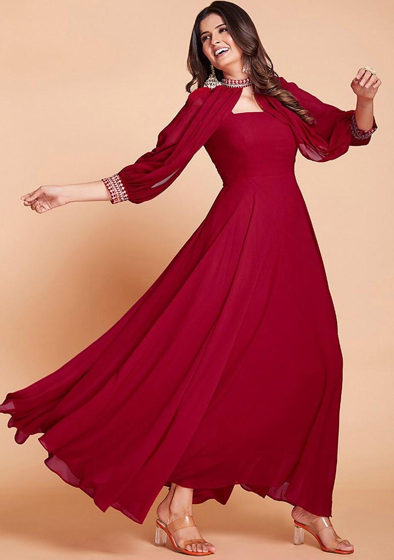 Red Embroidered Poly Blend Dresses