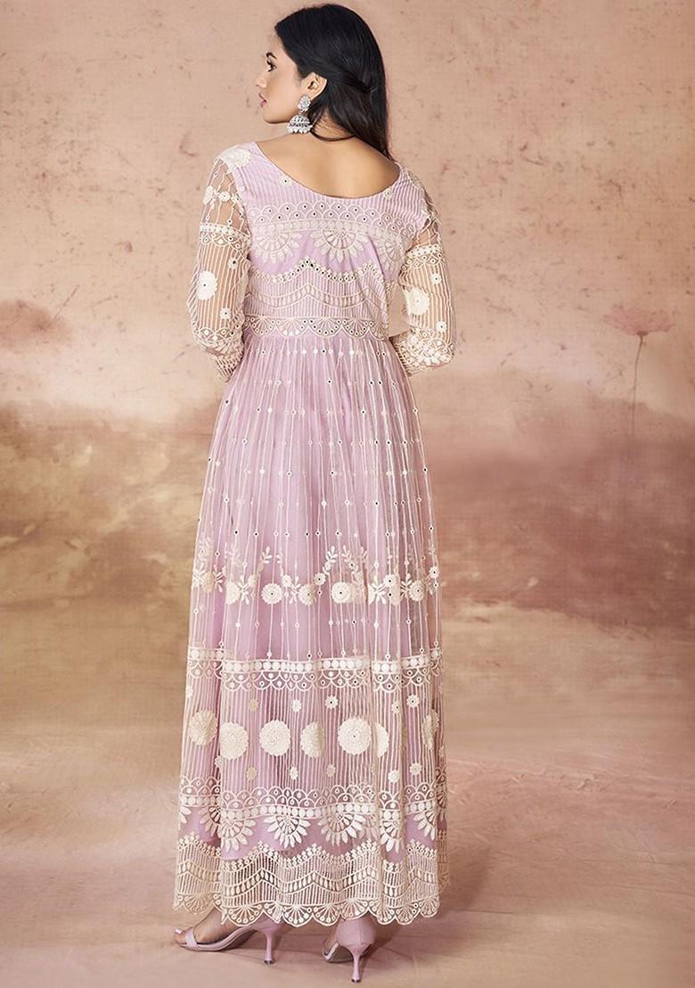 Pink Embroidered Poly Blend Dresses