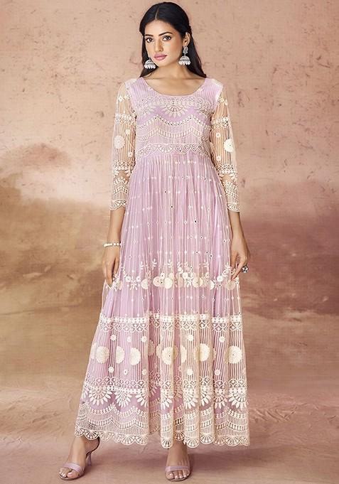 Pink Embroidered Poly Blend Dresses