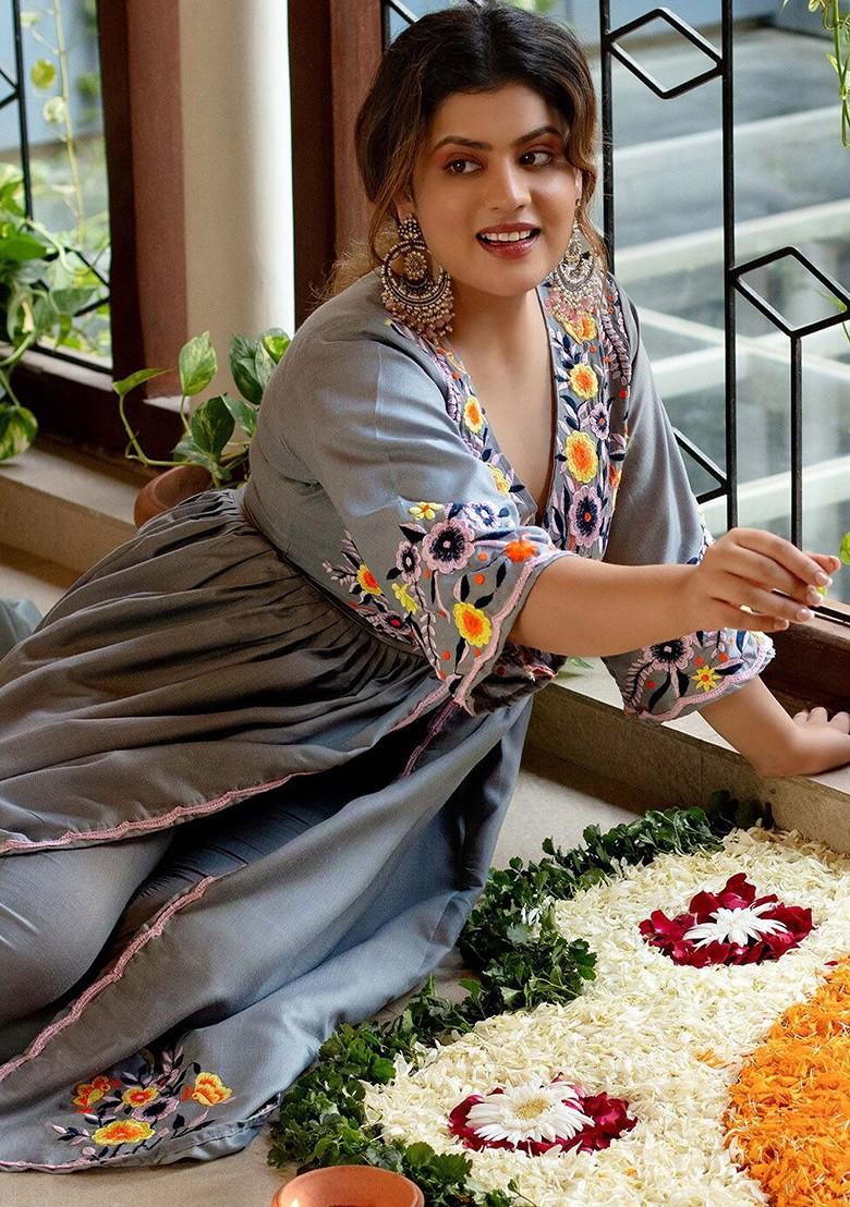 Blue Embroidered Poly Blend Dresses