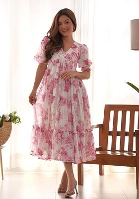 Pink Printed Poly Blend Dresses