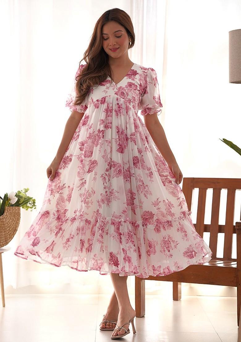 Pink Printed Poly Blend Dresses