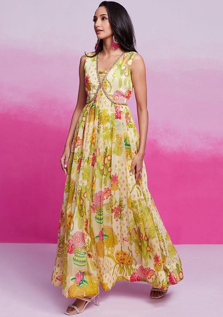 Lime Green Printed Poly Blend Dresses