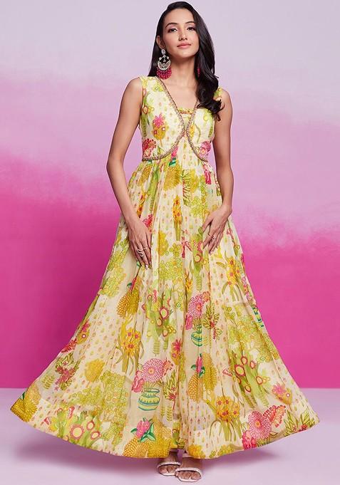 Lime Green Printed Poly Blend Dresses