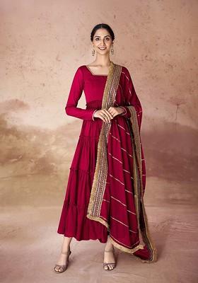 Red Embroidered Poly Blend Dresses