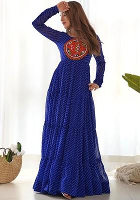 Blue Embroidered Poly Blend Dresses
