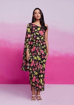 Black Printed Poly Blend Dresses