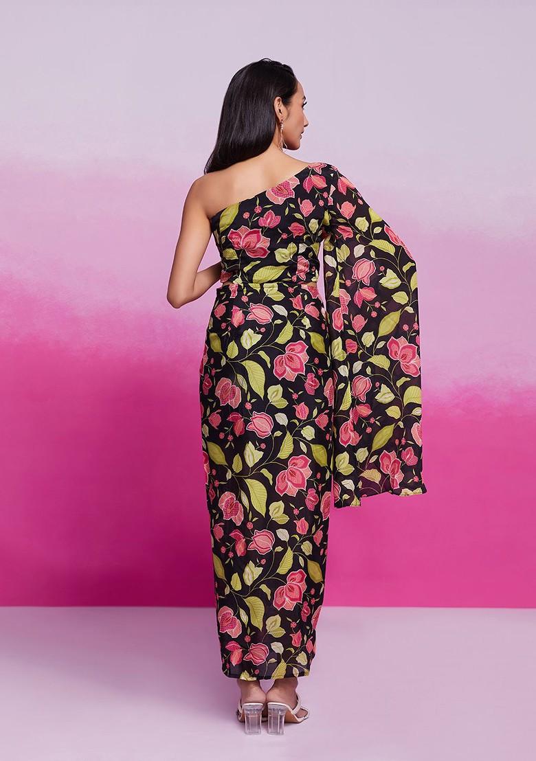 Black Printed Poly Blend Dresses