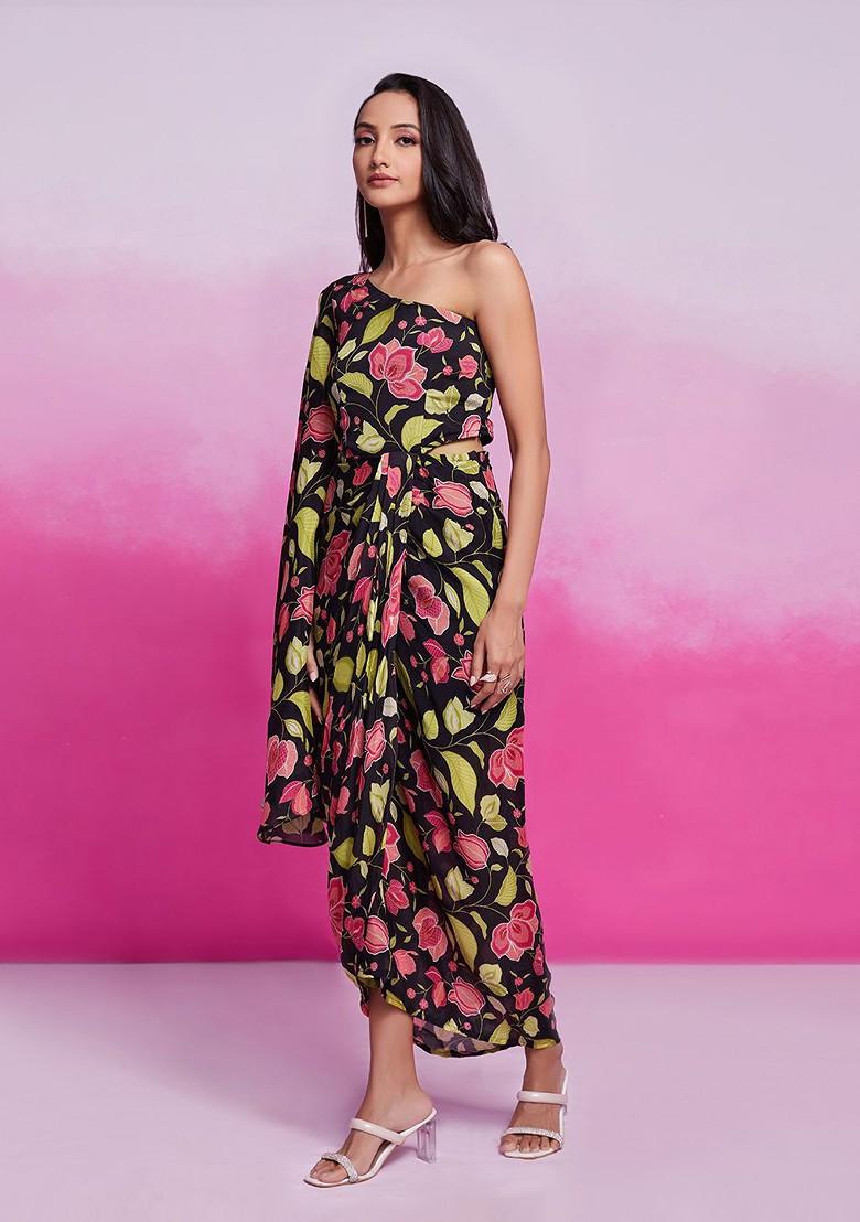 Black Printed Poly Blend Dresses