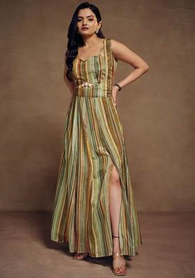 Green Embroidered Poly Blend Dresses