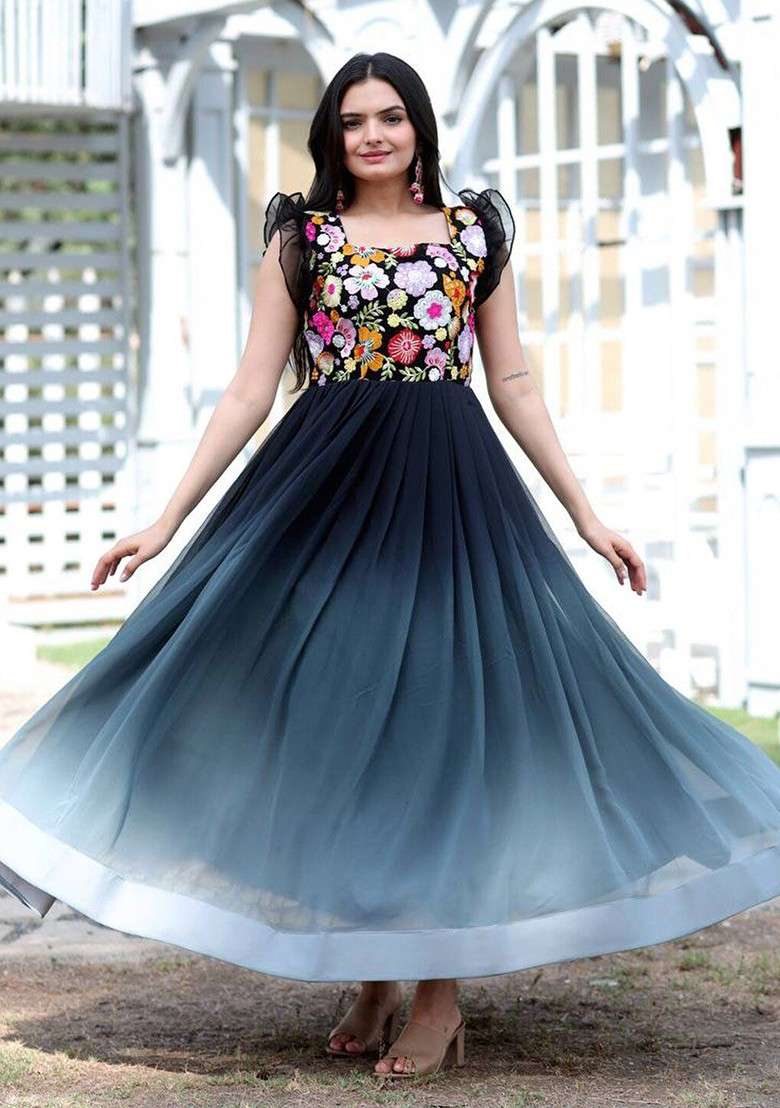 Black Embroidered Poly Blend Dresses - Indya