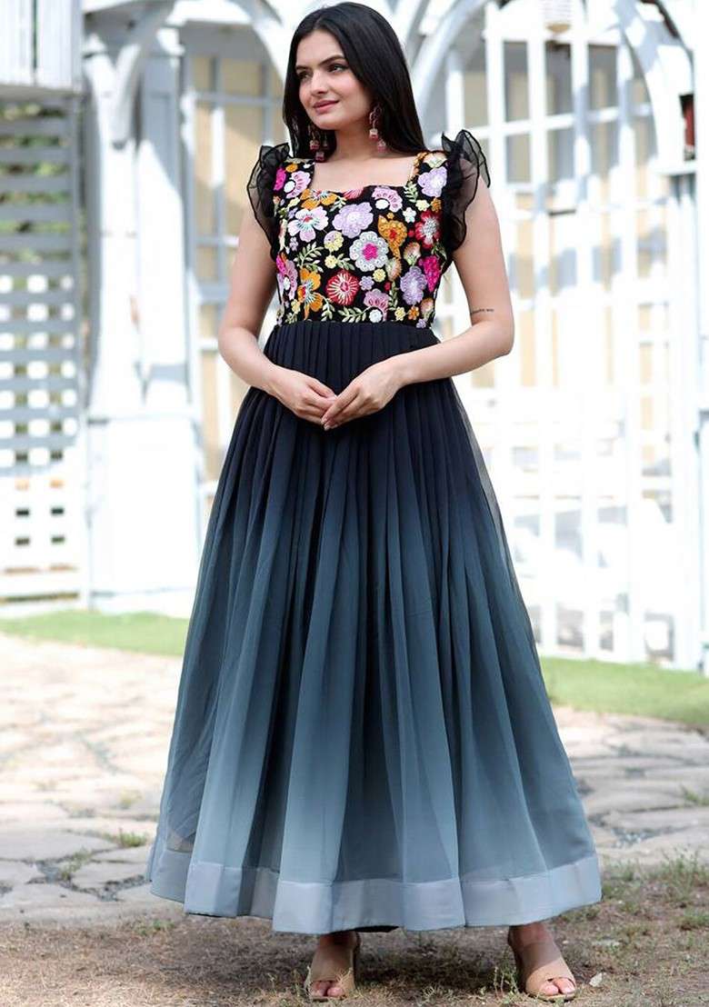 Black Embroidered Poly Blend Dresses - Indya