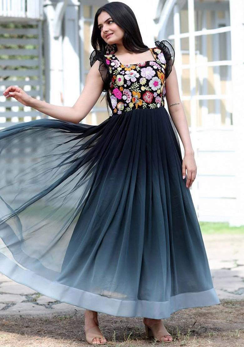 Black Embroidered Poly Blend Dresses