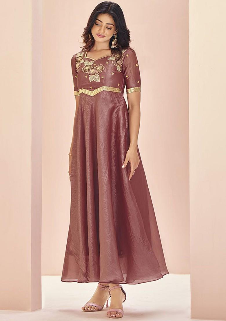 Rose Pink Embroidered Poly Blend Dresses