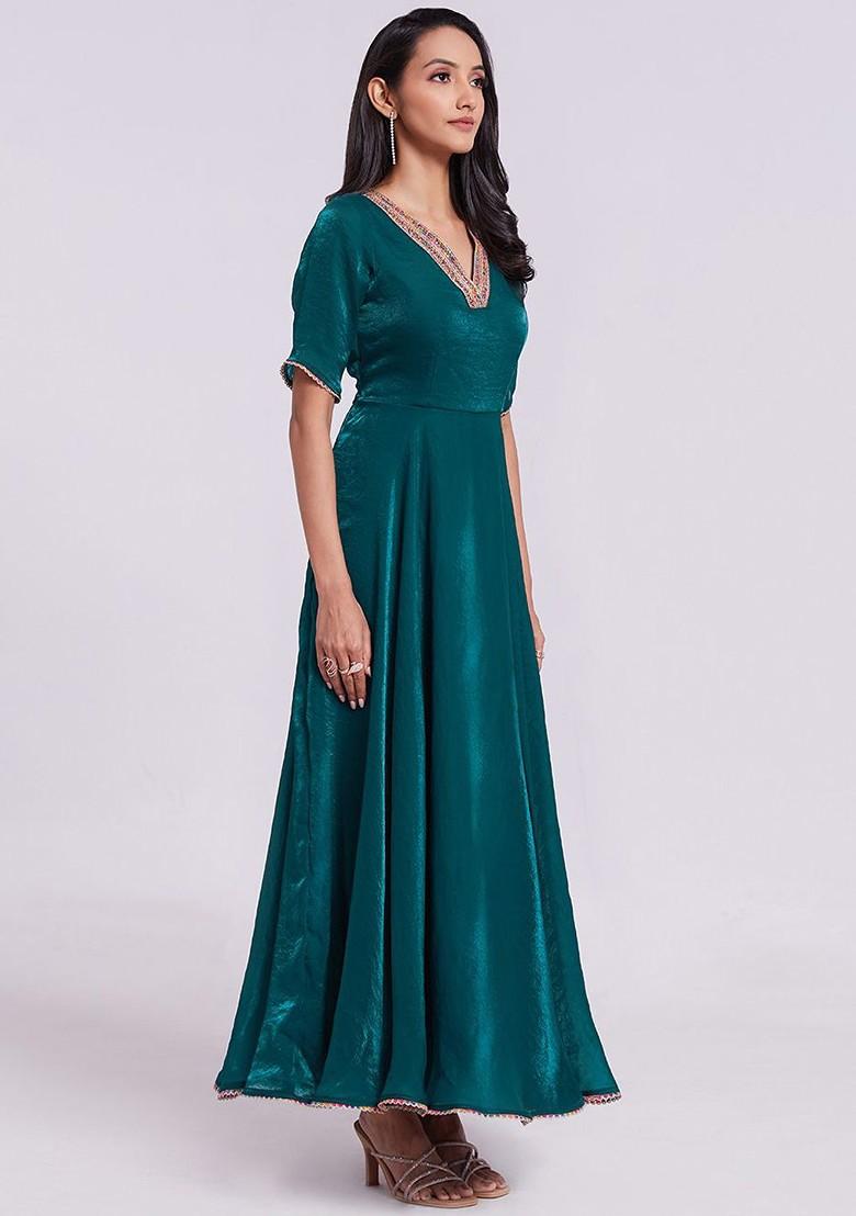Teal Green Embroidered Poly Blend Dresses