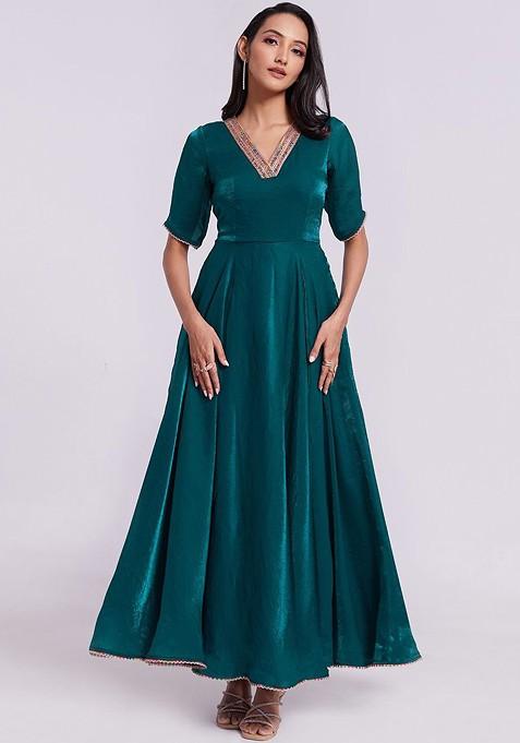 Teal Green Embroidered Poly Blend Dresses