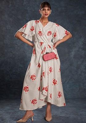 White Printed Poly Blend Dresses