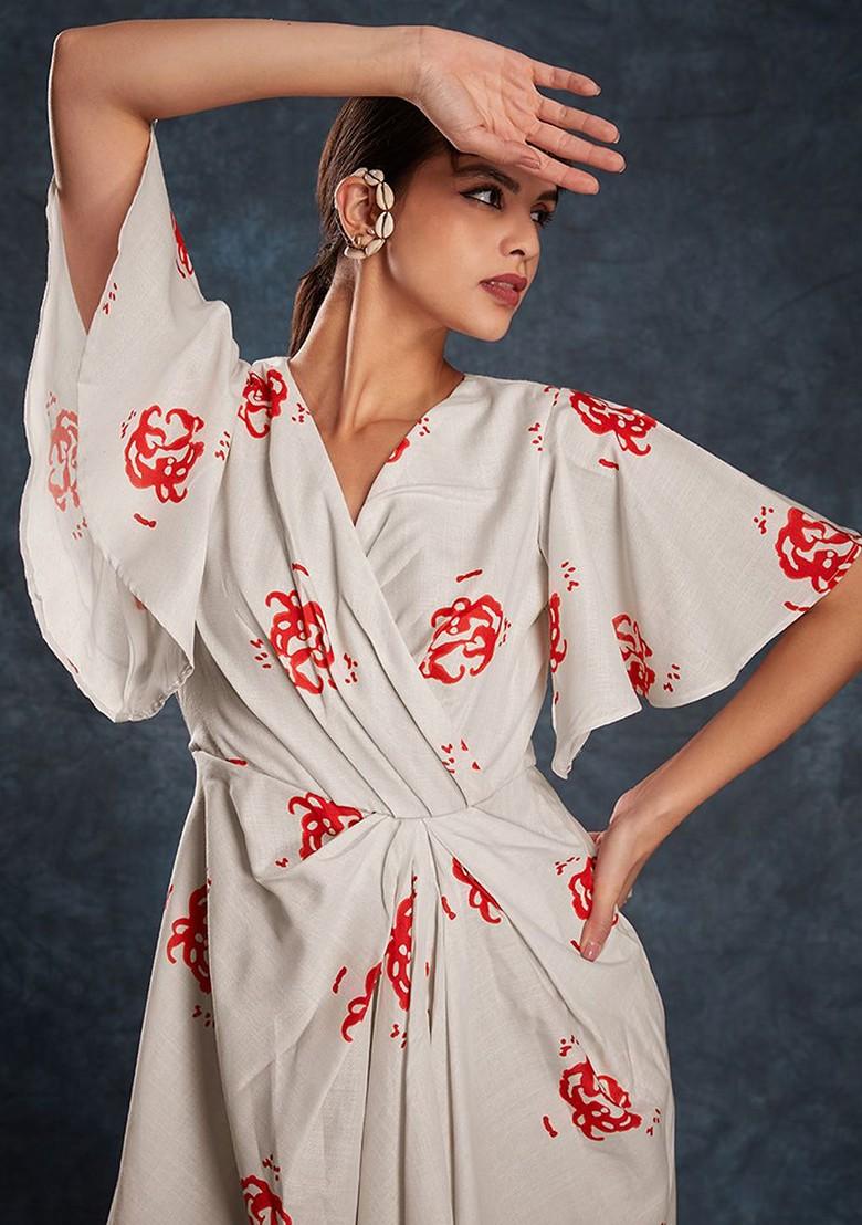 White Printed Poly Blend Dresses