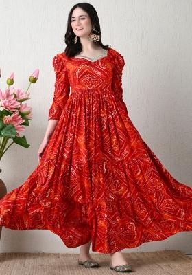 Red And Orange Printed Rayon Dress