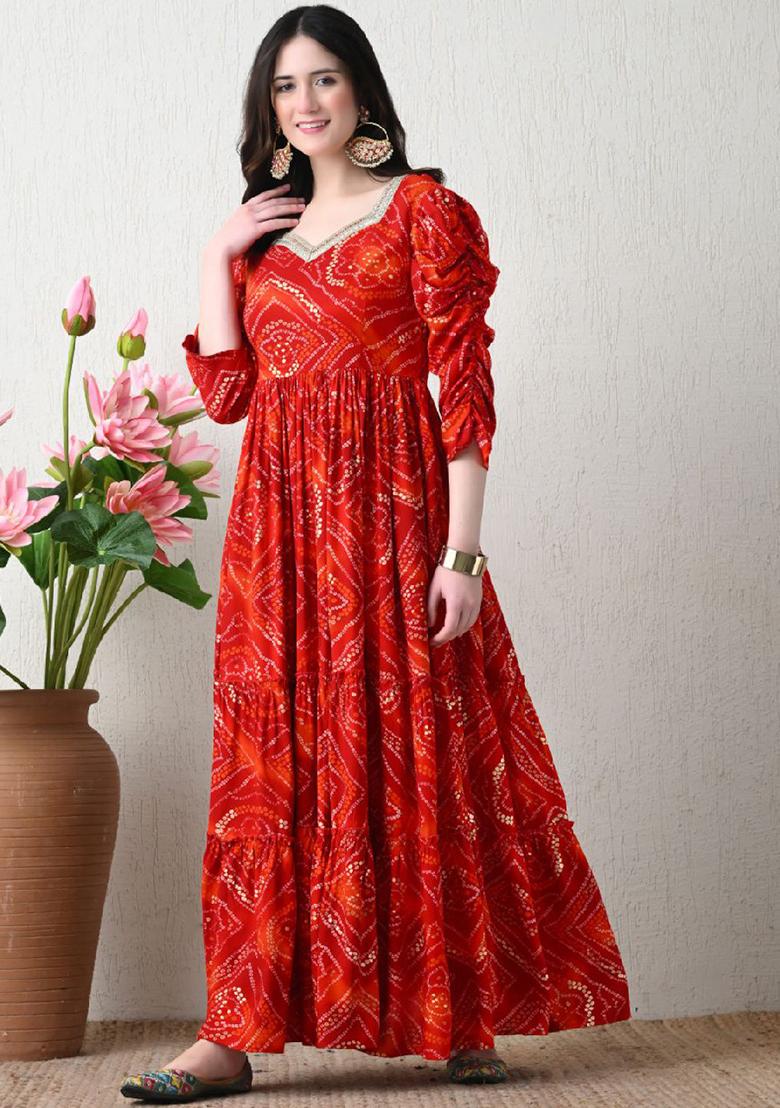 Red And Orange Printed Rayon Dress