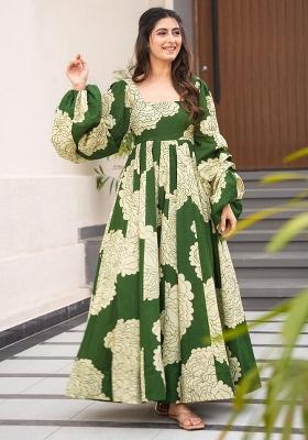 Cream And Green Printed Rayon Dress