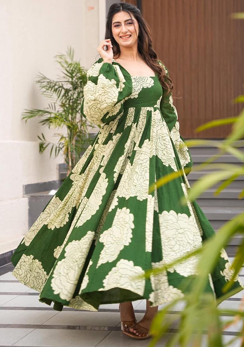 Cream And Green Printed Rayon Dress