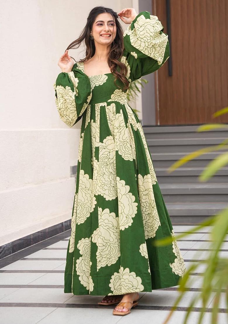Cream And Green Printed Rayon Dress