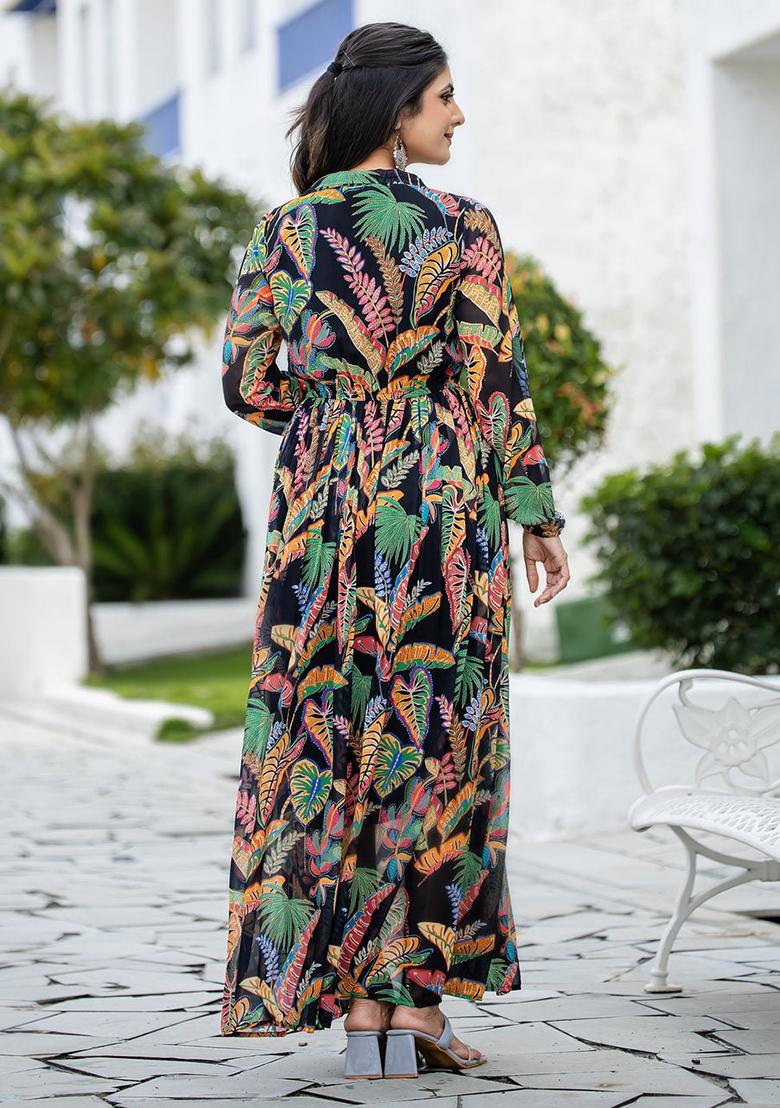 Black Floral Print Rayon Dress