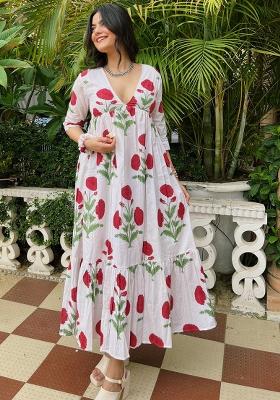 White Floral Print Rayon Dress