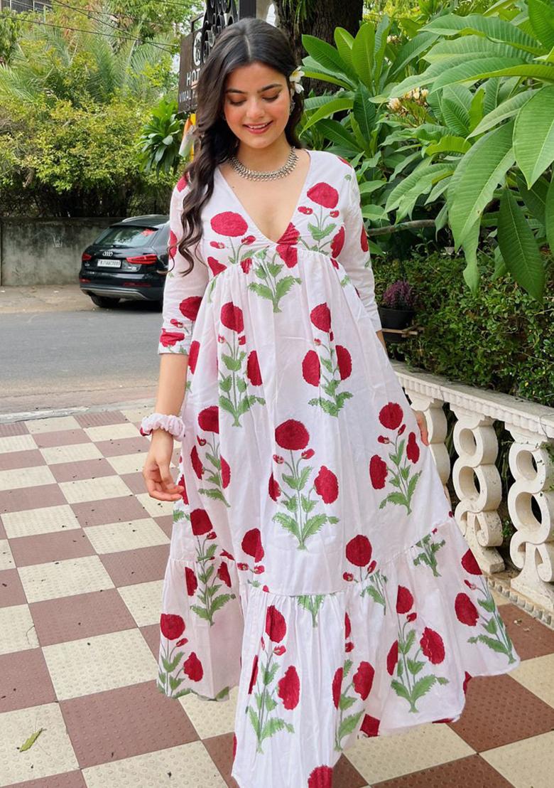 White Floral Print Rayon Dress