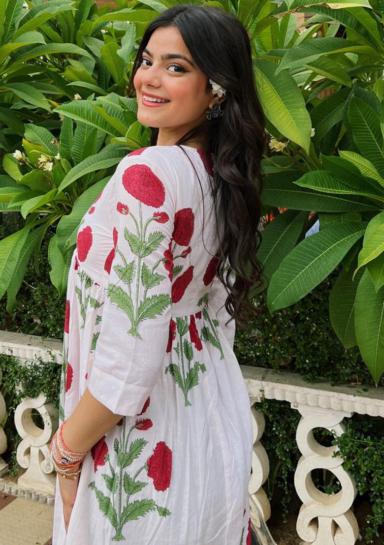 White Floral Print Rayon Dress