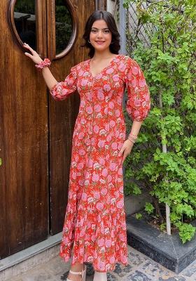 Red Floral Print Rayon Dress