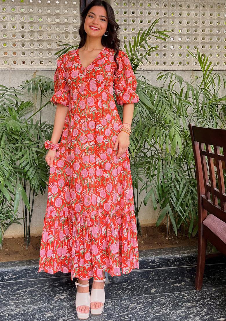 Red Floral Print Rayon Dress