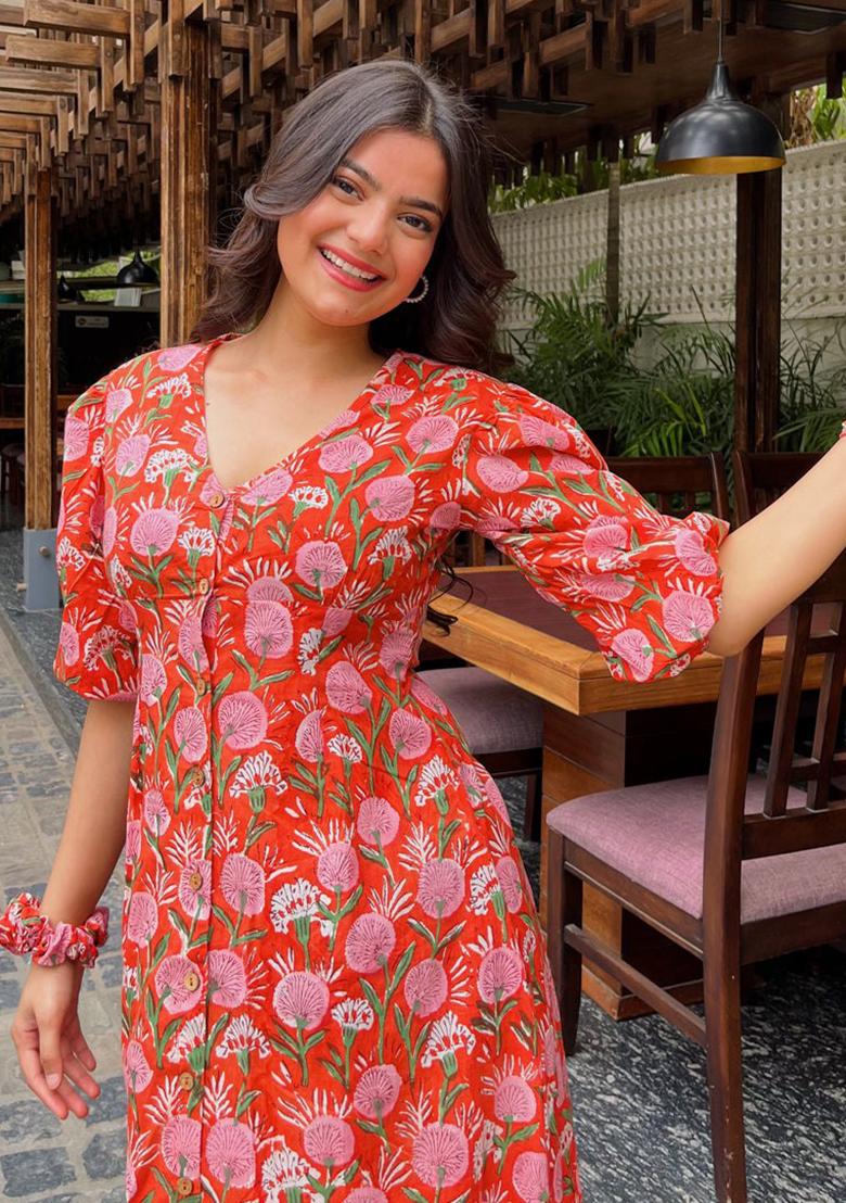 Red Floral Print Rayon Dress
