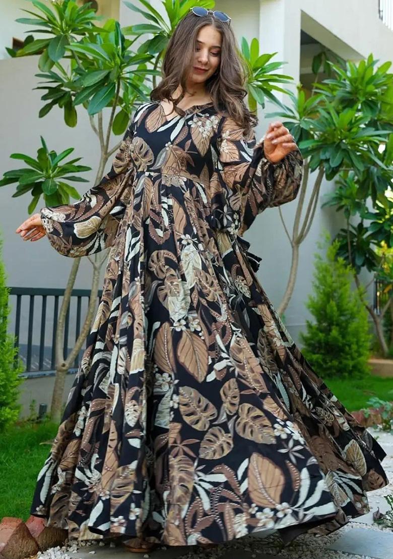 Black Floral Print Rayon Dress