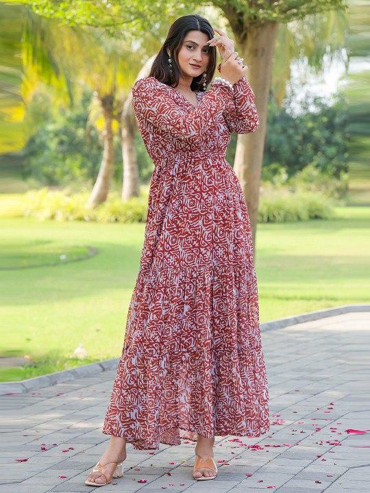 Maroon Floral Print Rayon Dress
