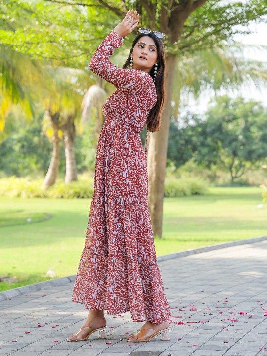 Maroon Floral Print Rayon Dress