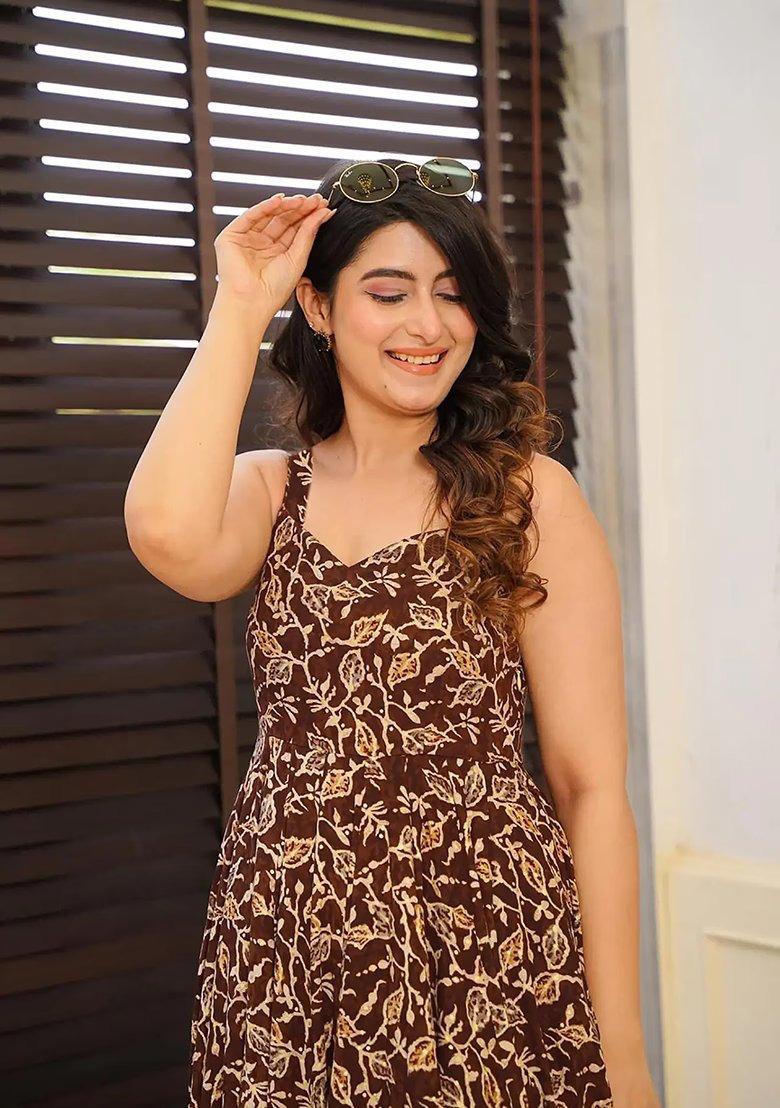 Brown Floral Print Rayon Dress