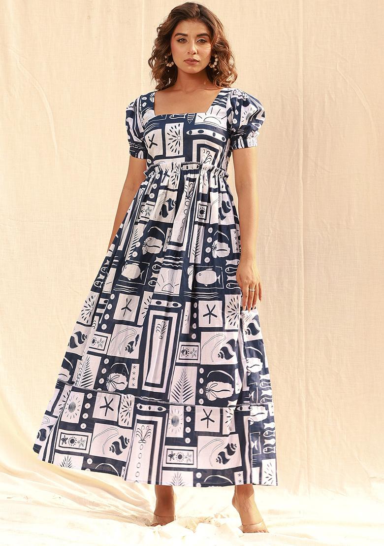 Grey And White Printed Rayon Dress