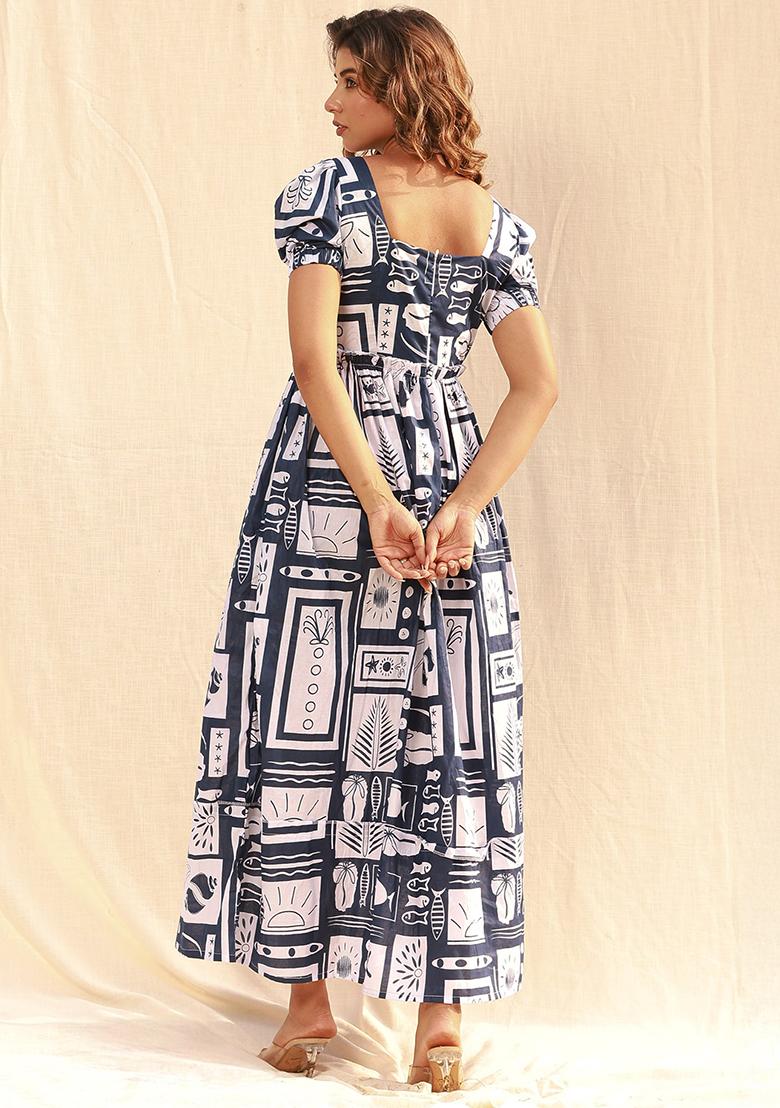 Grey And White Printed Rayon Dress