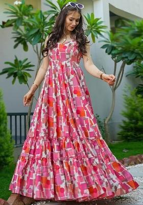 Red And Pink Floral Print Rayon Dress