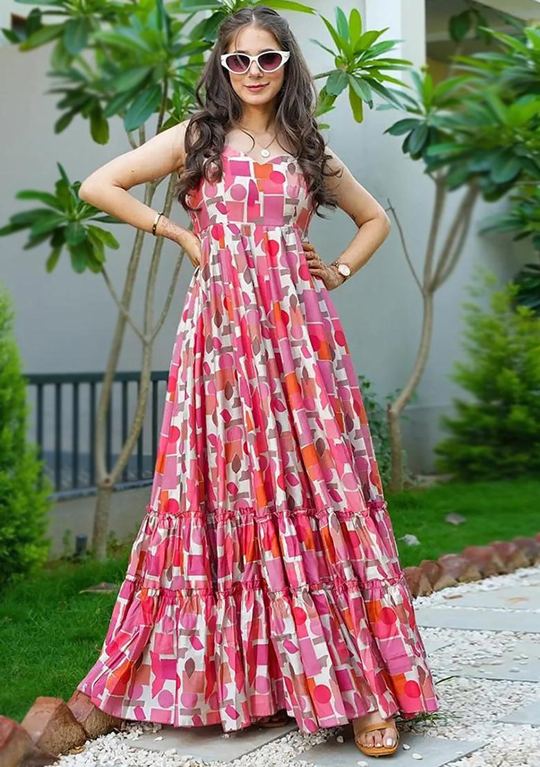 Red And Pink Floral Print Rayon Dress