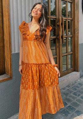Rust Orange Printed Rayon Dress