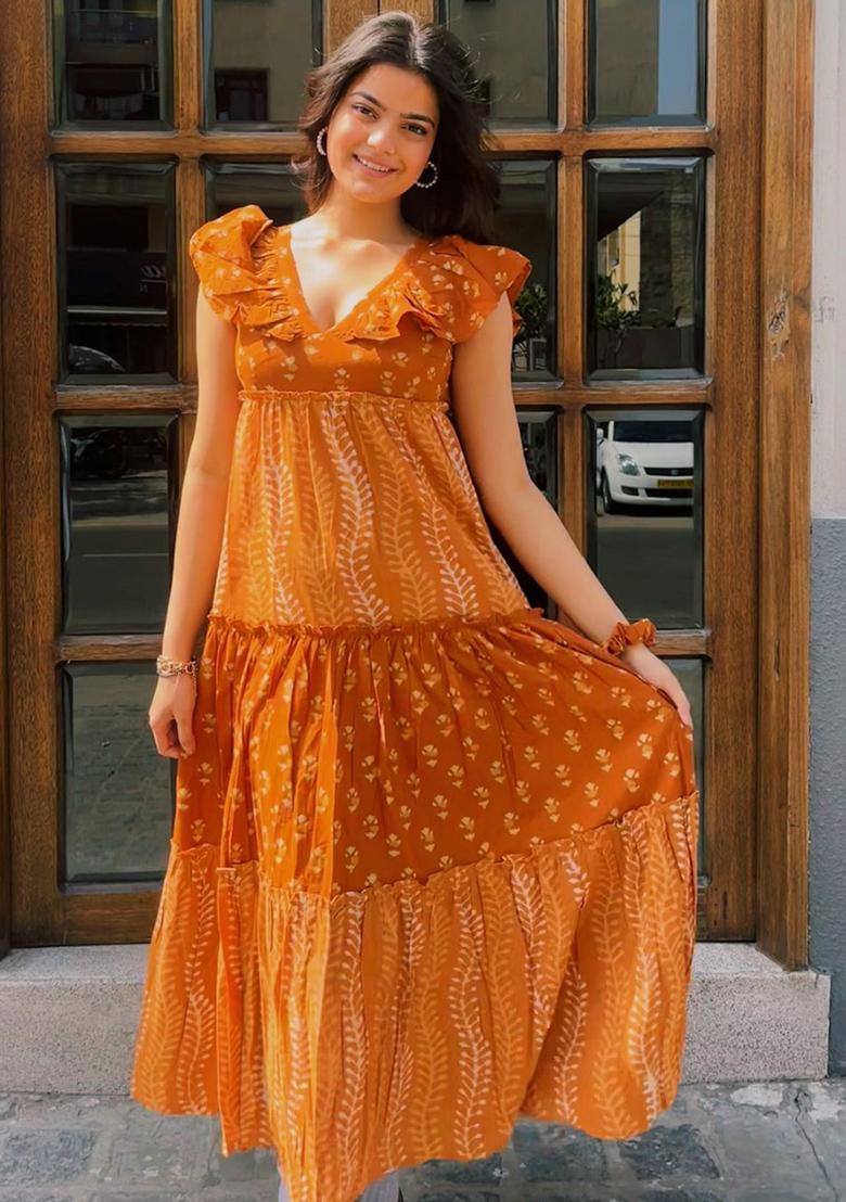 Rust Orange Printed Rayon Dress