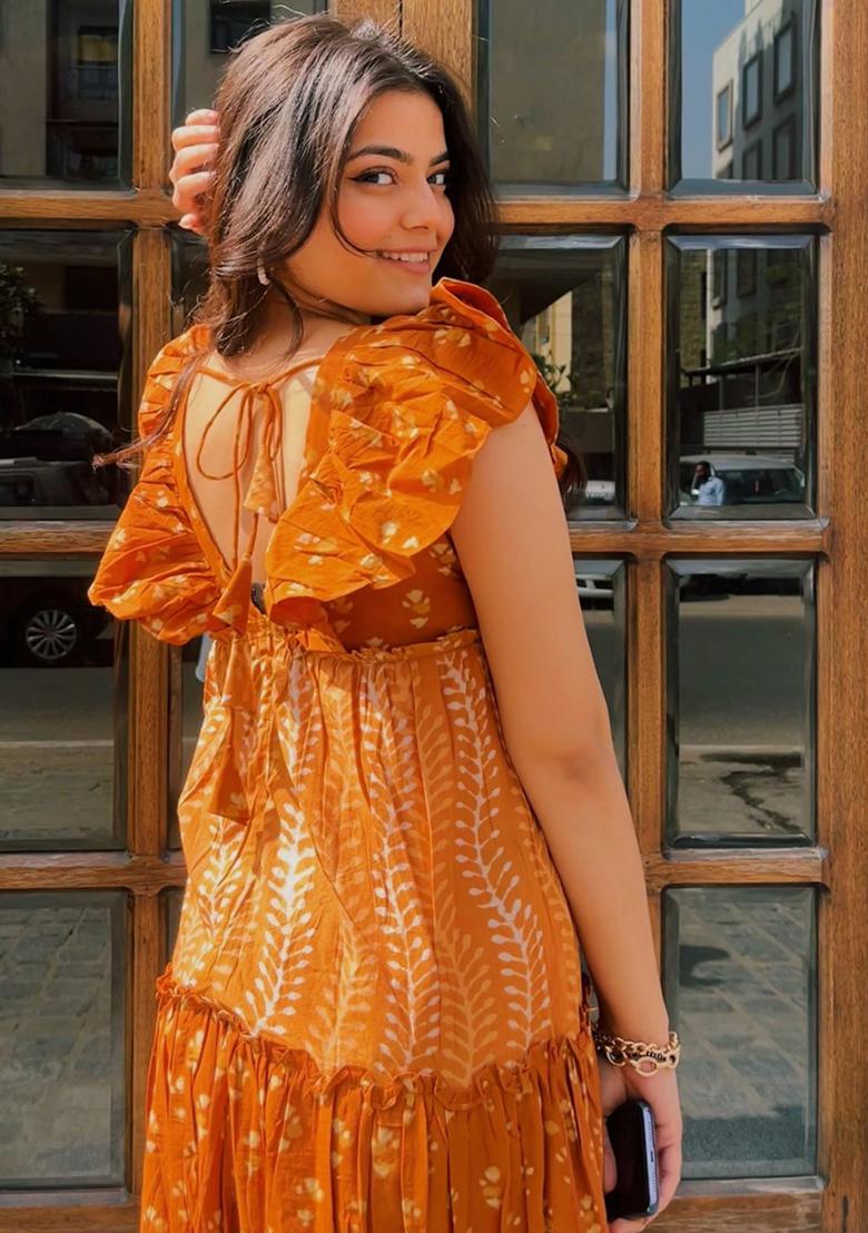 Rust Orange Printed Rayon Dress