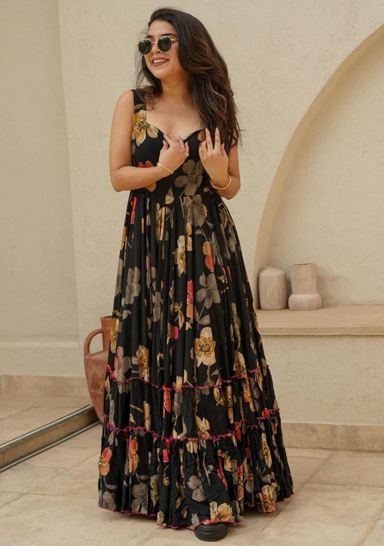 Black Printed Rayon Dress