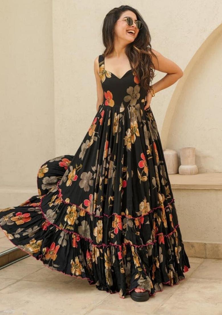 Black Printed Rayon Dress