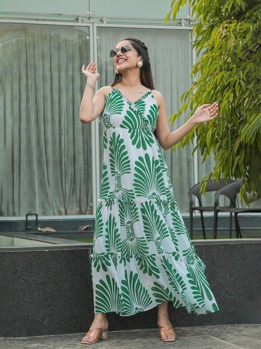 White And Green Printed Rayon Dress